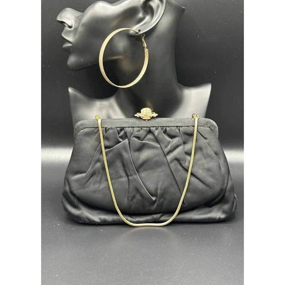 Vintage 50’s Glamour INGBER Black Satin Clutch Chic Evening Bag Chain Strap